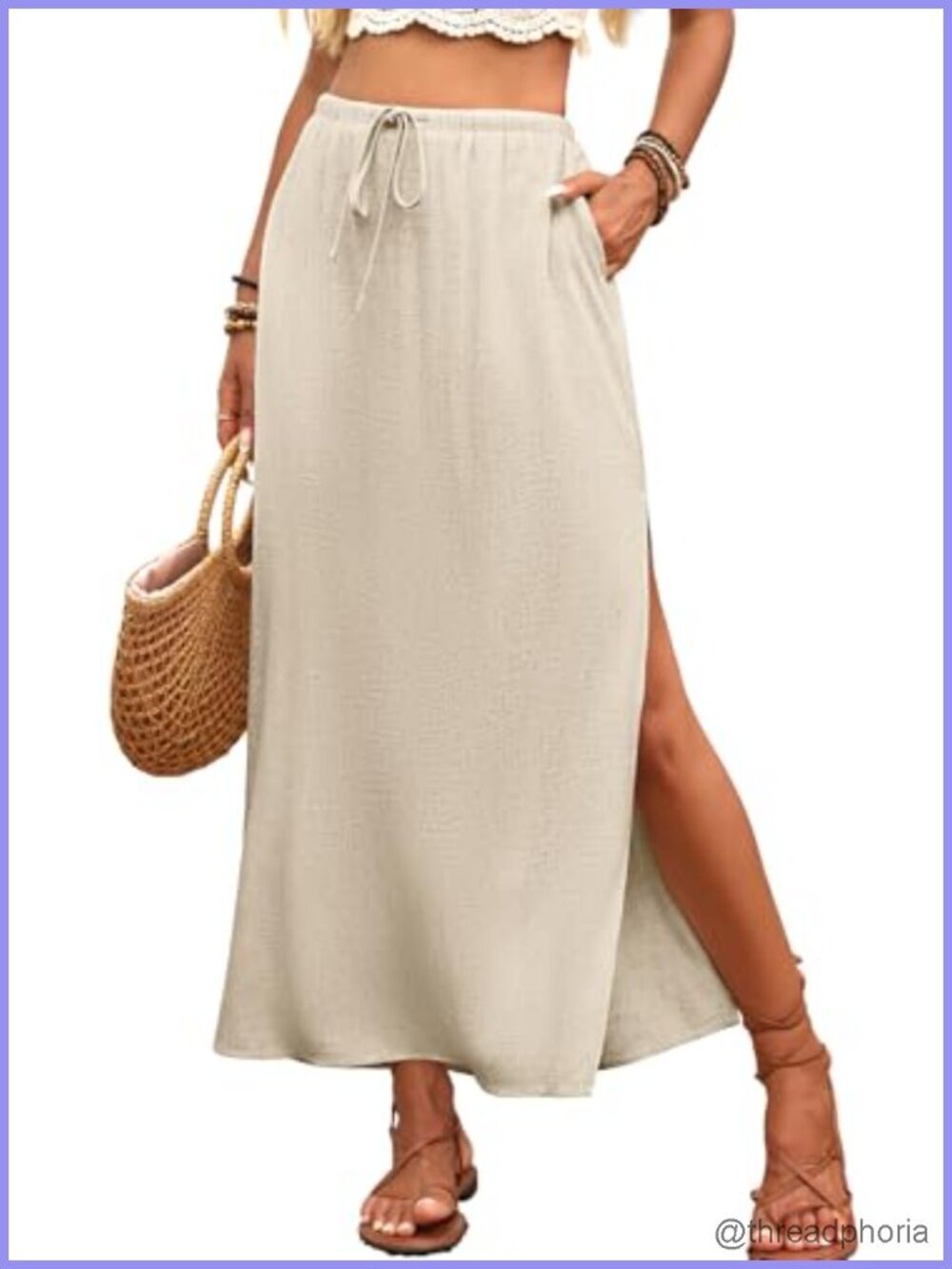 Linen Straight Maxi Skirt with Side Slit - Elastic Waist Drawstring Long Flowy